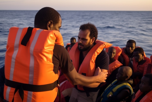 Free Photo people wearing life jackets in a migration crisis