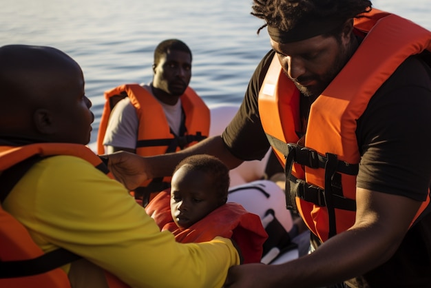 Free Photo people wearing life jackets in a migration crisis