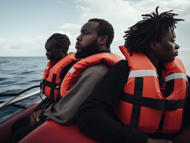 People wearing life jackets in a migration crisis