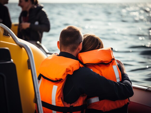 People wearing life jackets in a migration crisis