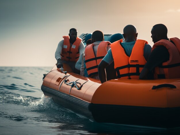 People wearing life jackets in a migration crisis