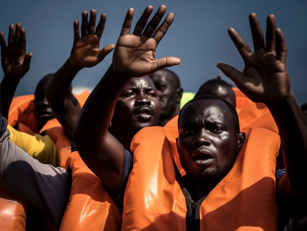 People wearing life jackets in a migration crisis