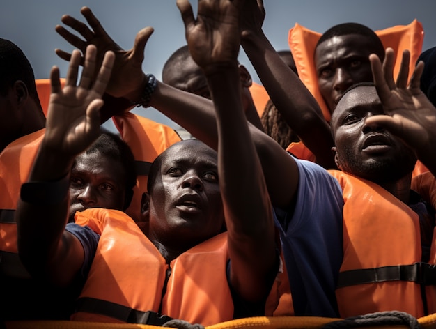 People wearing life jackets in a migration crisis