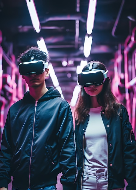 Free photo people wearing  vr glasses for gaming