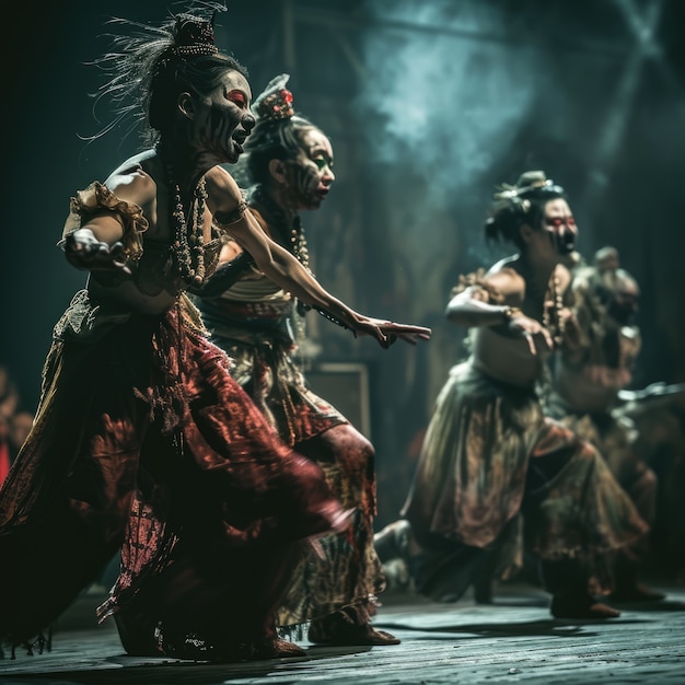 Free photo people with gothic style costumes and make-up performing drama for world theatre day