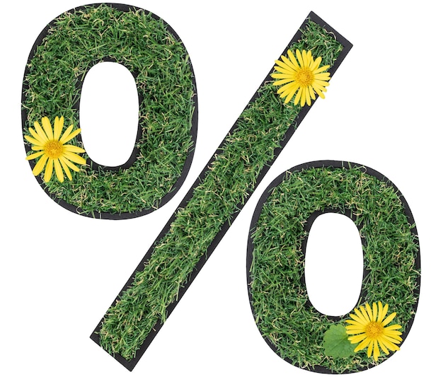 Free photo percent sign made from natural green grass and flowers isolated