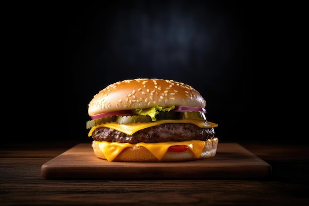 Free photo perfect cheese burger with vegetables on wooden table and black background ai generative