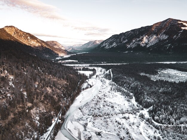 Perfect scenery of forest and mountains during cold times