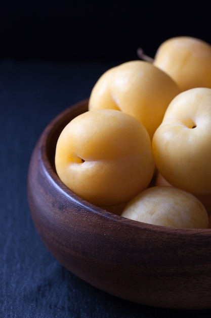 Persimmons on a wooden bowl