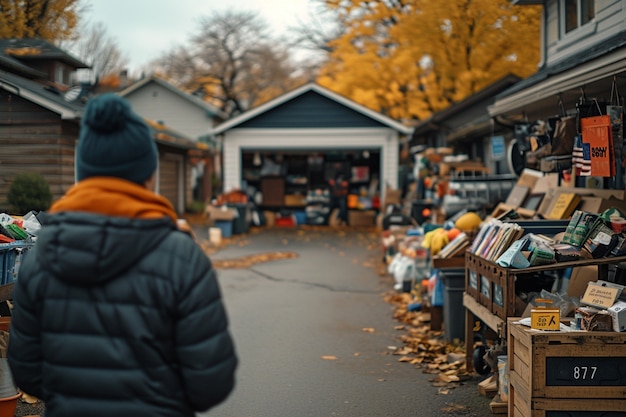 Free photo person browsing through items at a yard sale looking for bargains