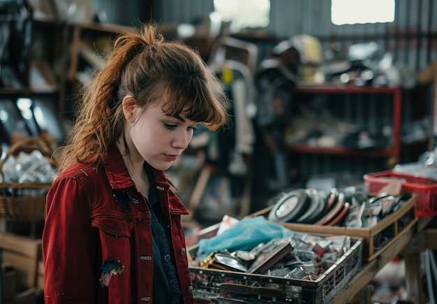 Person browsing through items at a yard sale looking for bargains