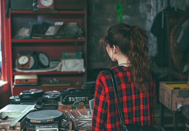 Person browsing through items at a yard sale looking for bargains