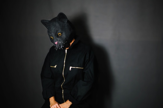 Free photo person in cat mask in dark room