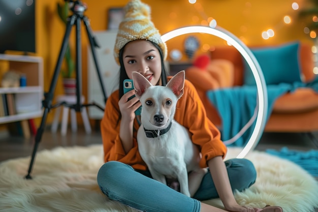 Free photo person creating online content with their pets