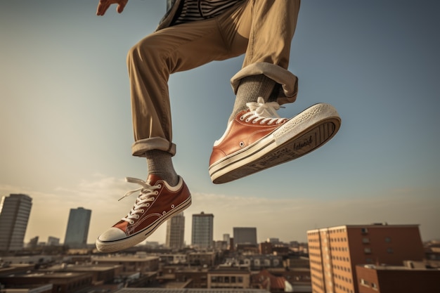 Person defying the laws of physics by levitating in the atmosphere