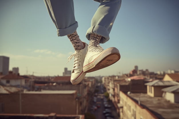 Person defying the laws of physics by levitating in the atmosphere