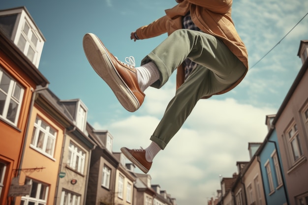 Person defying the laws of physics by levitating in the atmosphere