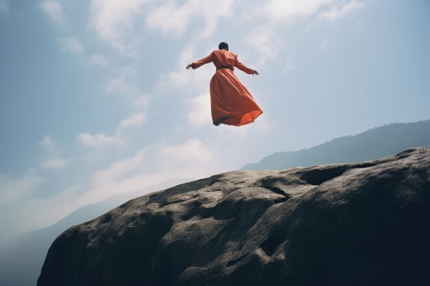 Person defying the laws of physics by levitating in the atmosphere