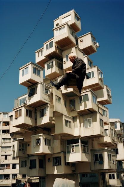 Person defying the laws of physics by levitating in the atmosphere