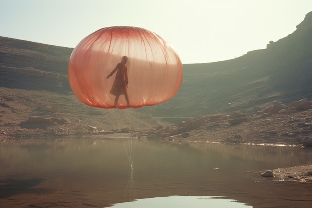 Person defying the laws of physics by levitating in the atmosphere