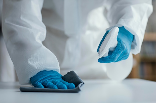 Person disinfecting a biohazard area