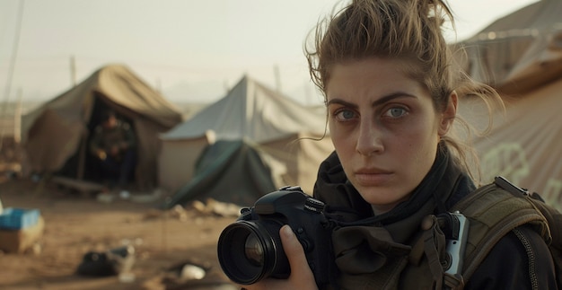 Free photo person documenting war and conflict zone through photography