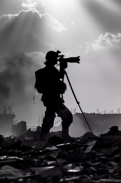 Free Photo person documenting war and conflict zone through photography