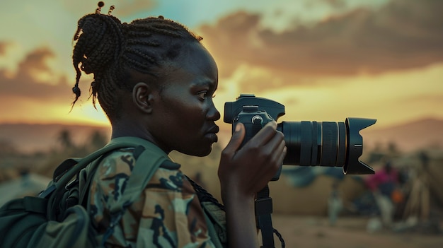 Free photo person documenting war and conflict zone through photography