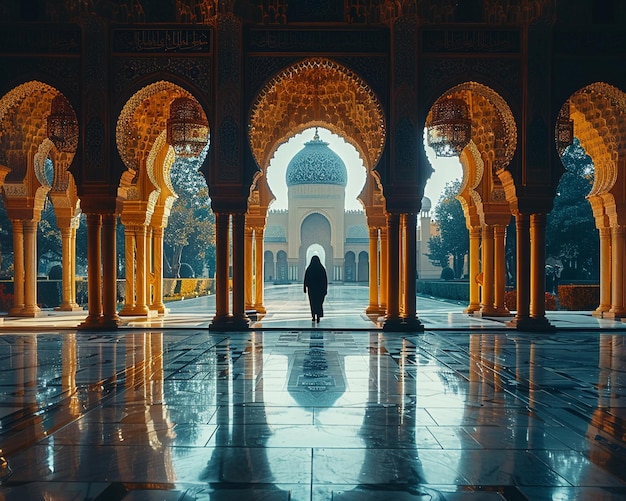 Free photo person entering a mosques beautifully designed door medium shot