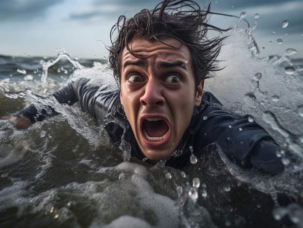 Person feeling anxiety induced by swimming