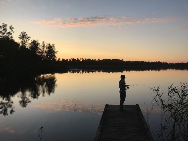 Free Photo person fishing from the lake surrounded by trees