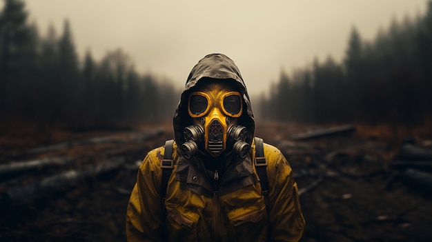 Free Photo person in hazmat suit and mask with apocalyptic background