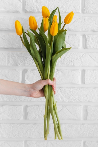 Person holding a bouquet of tulips