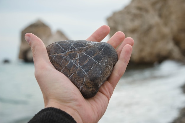 Free photo person holding a heart-shaped rock in his hands on the beach