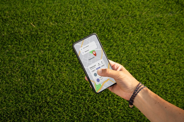 Person holding her smartphone with an app on the screen