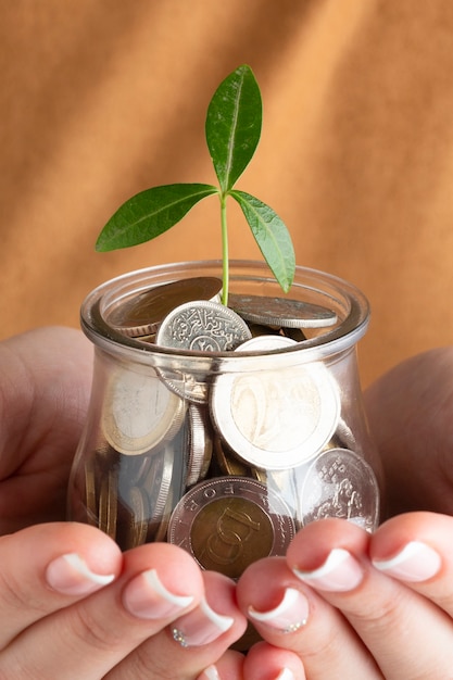 Free Photo person holding jar of coins in hands