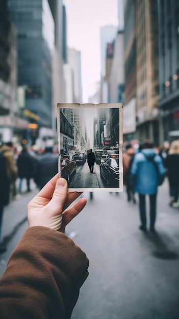 Free Photo person holding picture of old new york city