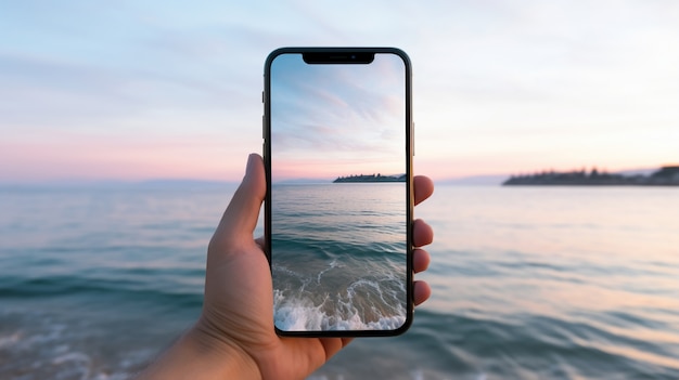 Person holding smartphone with beach view in summertime