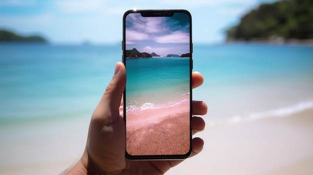 Person holding smartphone with beach view in summertime