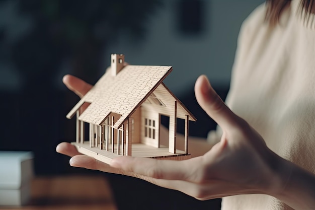 A person holds a small wooden house in their hands.