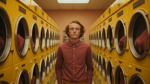 Free photo person inside a laundromat with washing machines