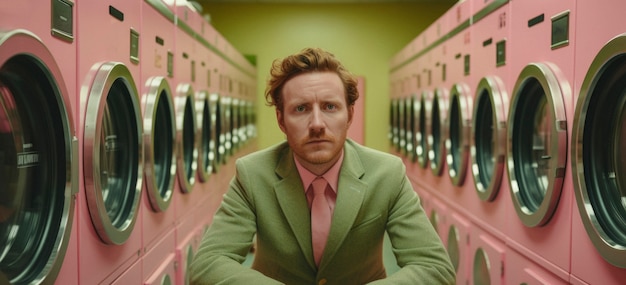 Free Photo person inside a laundromat with washing machines