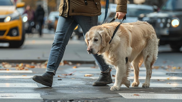 Free Photo a person is walking a dog on a street with cars and other pedestrians