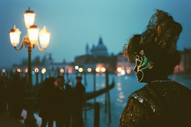 Free photo person participating in venice carnival wearing a costume with mask