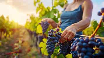 Free photo person picking grapes and spending time in the vineyard