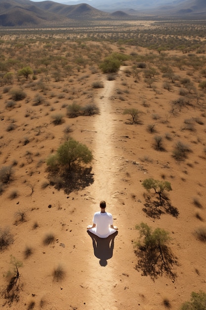 Free photo person practicing yoga meditation in the desert