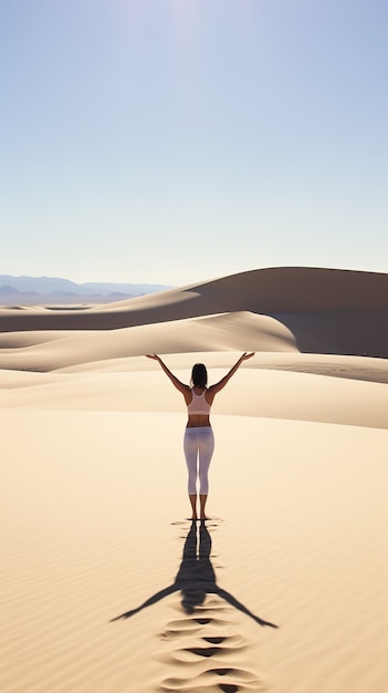 Free photo person practicing yoga meditation in the desert