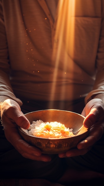 Person practicing yoga meditation indoors with sunlight coming through