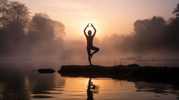 Person practicing yoga meditation in nature at sunset or sunrise