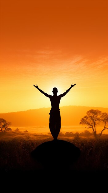 Person practicing yoga meditation in nature at sunset or sunrise